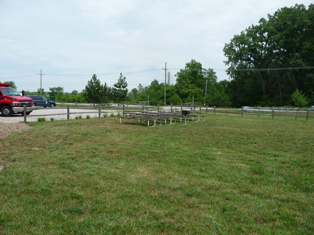 Picnic tables, parking lot