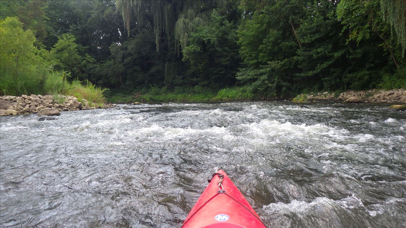 looking upstream at rapids from eddy pool near take-out at Hay's Park